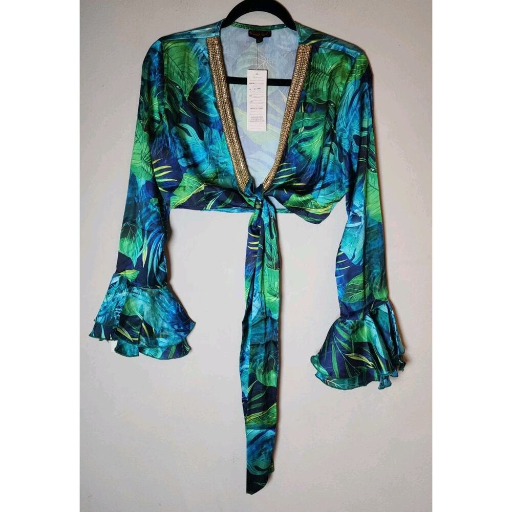 NWT Manish Vaid Satin Wrap Embellished Long Sleeve Crop Top Resort Tropical Sz L